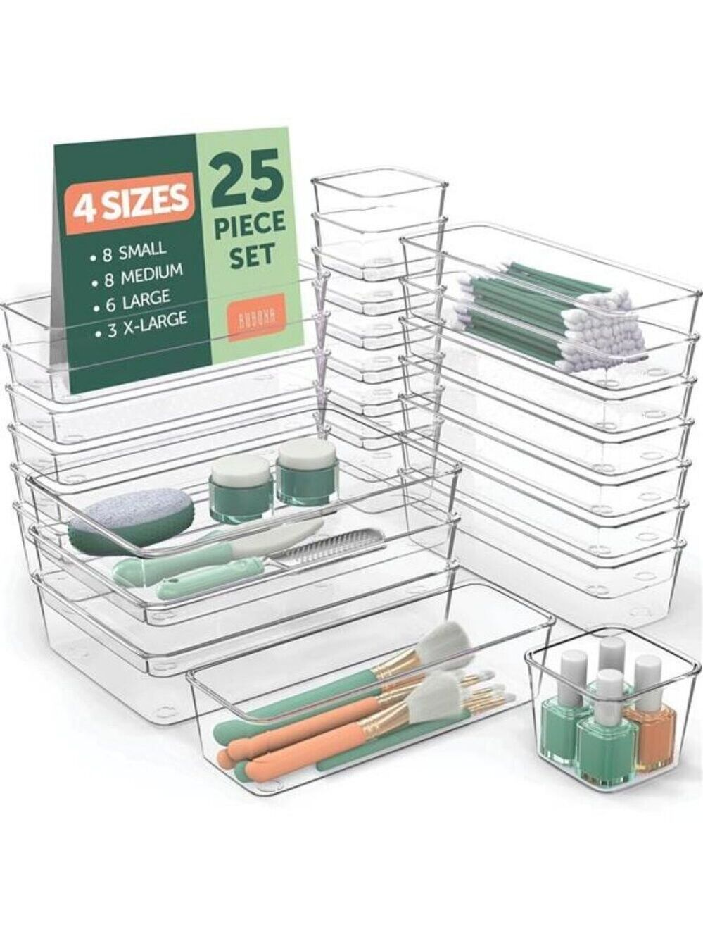 Clear Plastic Drawer Organizer Bins 25pc Set Makeup Kitchen Bathroom Storage